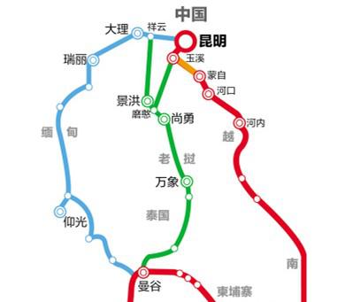 中老铁路路线图(玉溪-磨憨段先期动工)